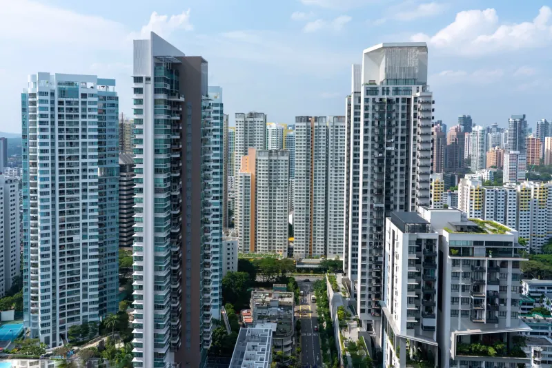 Aerial view of high-rise residential towers and apartment buildings