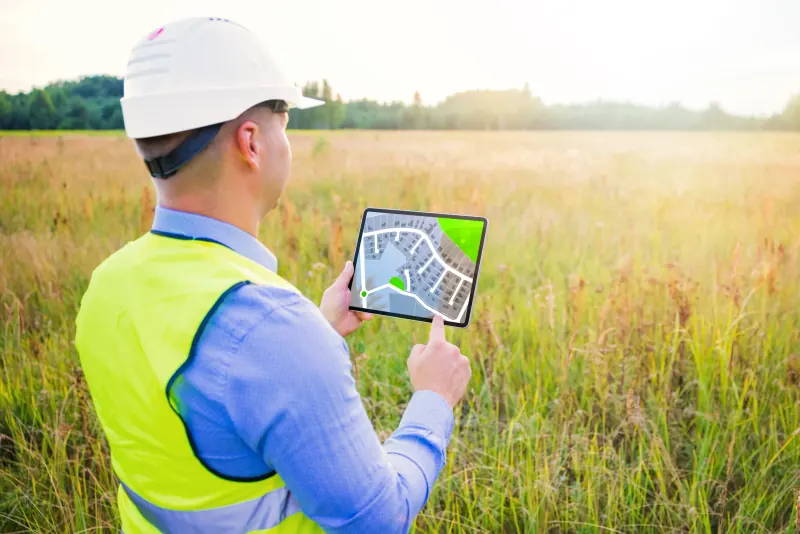 Surveyor in a hard hat and safety vest checking a site plan on a tablet in an open field