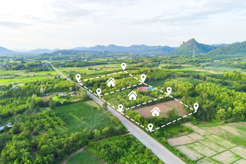 Aerial view of rural land divided into marked house lots with location pins beside a country road