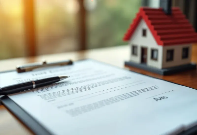Model house with a red roof beside a pen and a real estate document on a clipboard